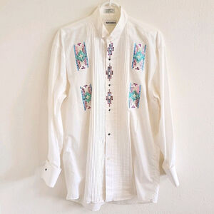 Vintage Moores Sequin Pleated Front White Dress Shirt Banded Collar Sz 15 32/33